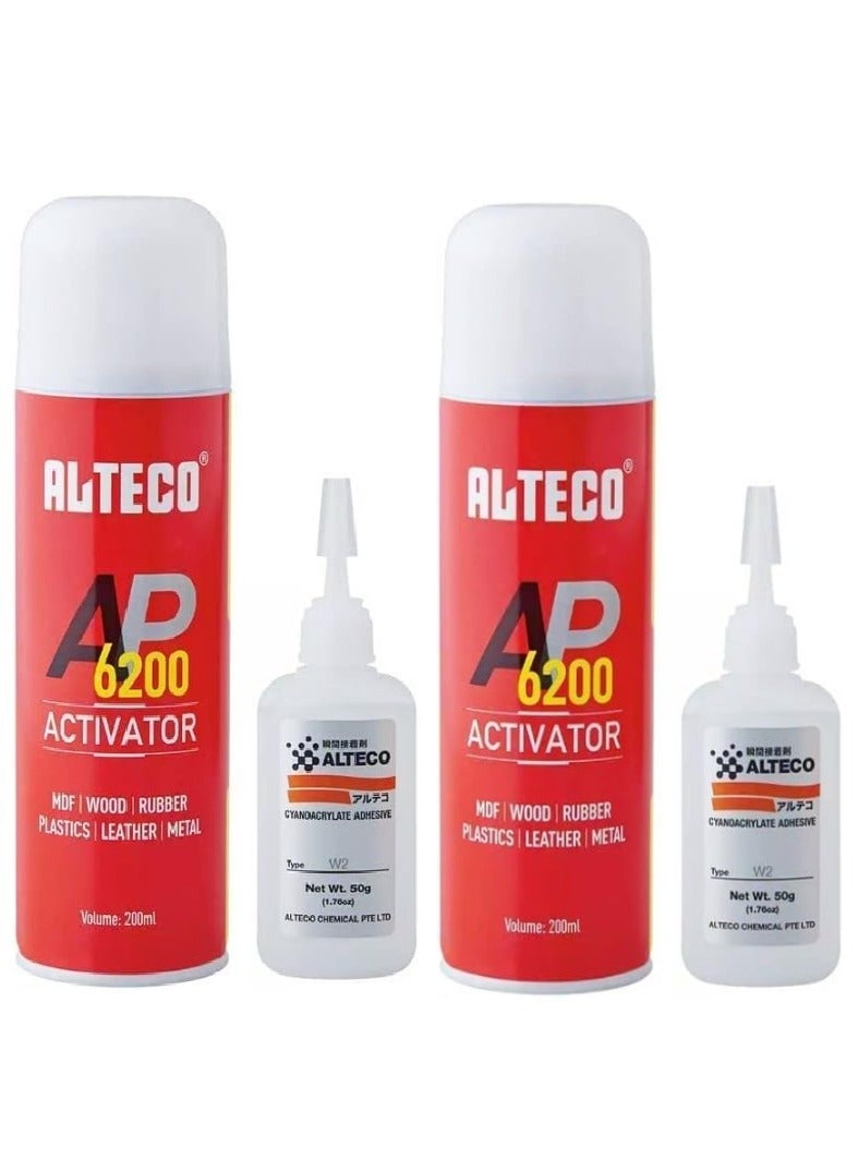 ALTECO Industrial Super Glue & Activator Set | High-Bond Cyanoacrylate Adhesive 50g with 200ml Instant Cure Spray | Heavy-Duty Kit for MDF, Wood, Rubber, Plastics, Leather, and Metal (Pack of 2) - Image 1